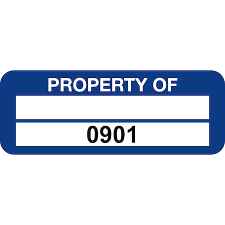 Lustre-Cal PROPERTY OF Label, Polyester Dark Blue 2in x 0.75in  1 Blank Pad & Serialized 0901-1000, 100PK 253744Pe2Bd0901